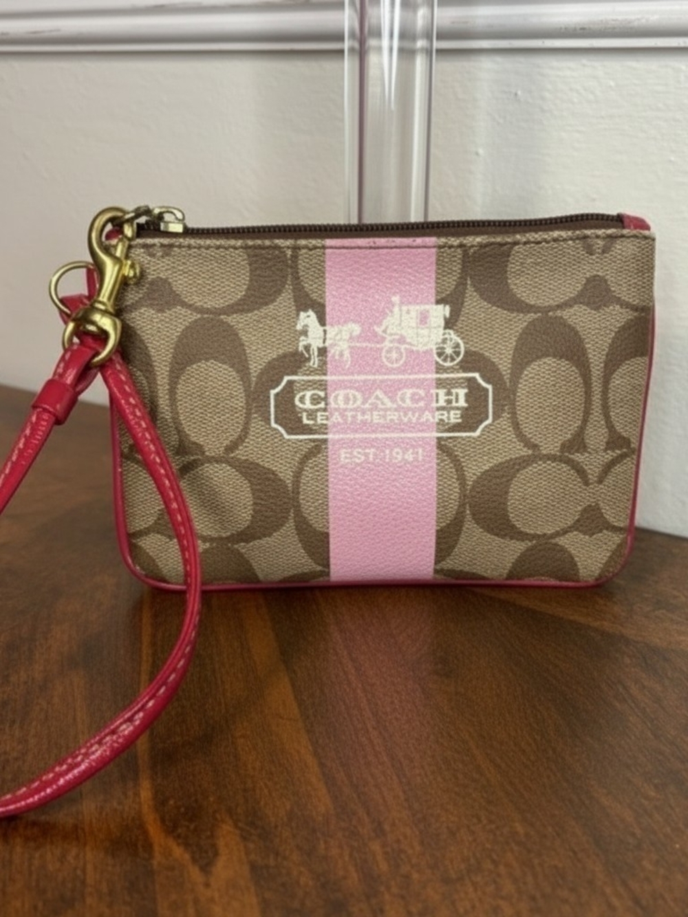 COACH Signature Canvas Wristlet in Brown & Pink Tattersall Lining Red Strap
